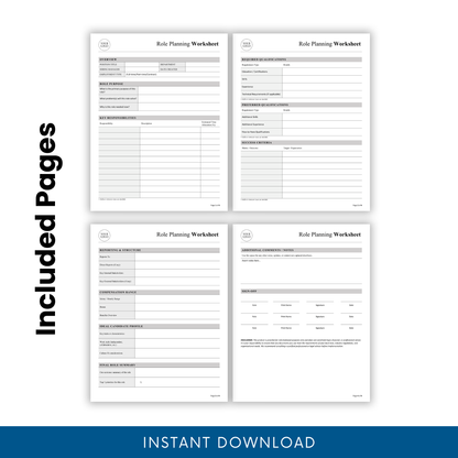 Role planning worksheet multi-page preview showing overview, responsibilities, qualifications, reporting structure, and sign-off sections for HR and hiring managers