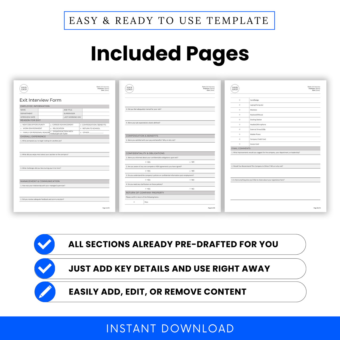 Three-page preview of Exit Interview Form showing structured sections for feedback, management review, benefits, property return, and final comments.