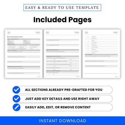 Three-page preview of Exit Interview Form showing structured sections for feedback, management review, benefits, property return, and final comments.