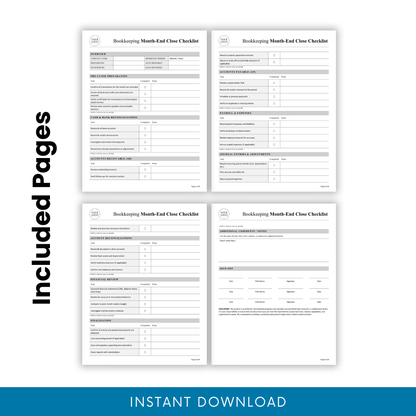 Bookkeeping month-end close checklist full template preview showing all pages, accounting workflow document, financial checklist printable, professional bookkeeping system
