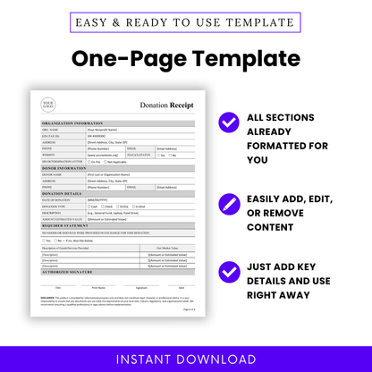 Simple Donation Receipt Template shown as a one-page, easy-to-use format with all sections pre-structured for efficiency. This Donation Receipt Template Word is fully editable, allowing users to quickly add, edit, or remove content to fit their organization’s needs. Perfect printable business template for nonprofits, charities, and administrative teams.