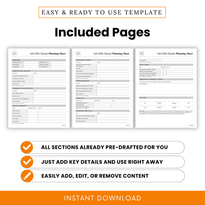 Three-page job offer planning sheet template preview showing overview, employment terms, offer conditions, approvals, and final checklist sections