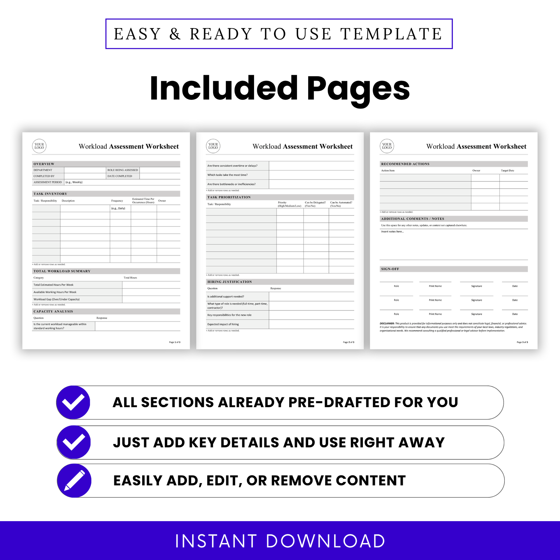 Workload assessment worksheet pages preview showing three page layout including task inventory, workload summary, capacity analysis, hiring justification and action plan, printable HR management template