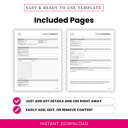 Position summary template pages preview showing overview section, responsibilities table, success metrics, reporting structure, and work details for HR and employee role documentation