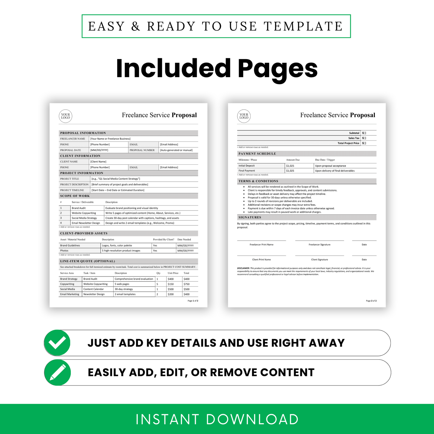 Freelance service proposal template pages preview including project details, scope of work, client-provided assets, pricing table, and payment schedule, professional editable document for client proposals