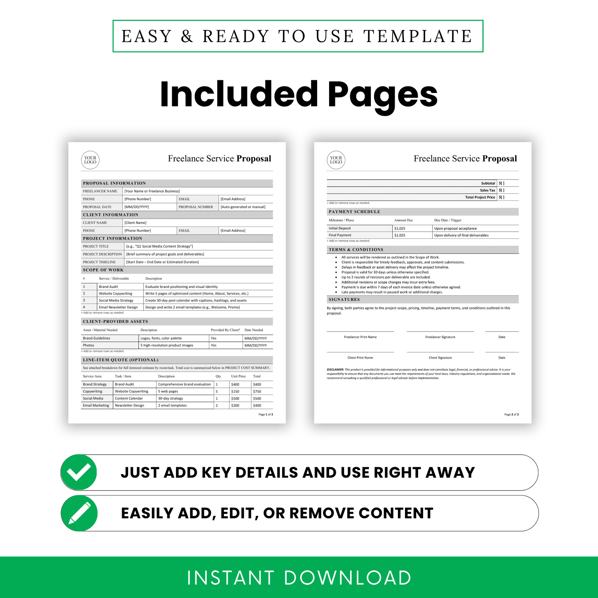 Freelance service proposal template pages preview including project details, scope of work, client-provided assets, pricing table, and payment schedule, professional editable document for client proposals