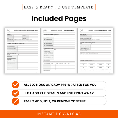 Employee coaching notes template pages preview including overview form, coaching framework worksheet, action plan tracker, follow-up plan, manager reflection, printable HR templates bundle