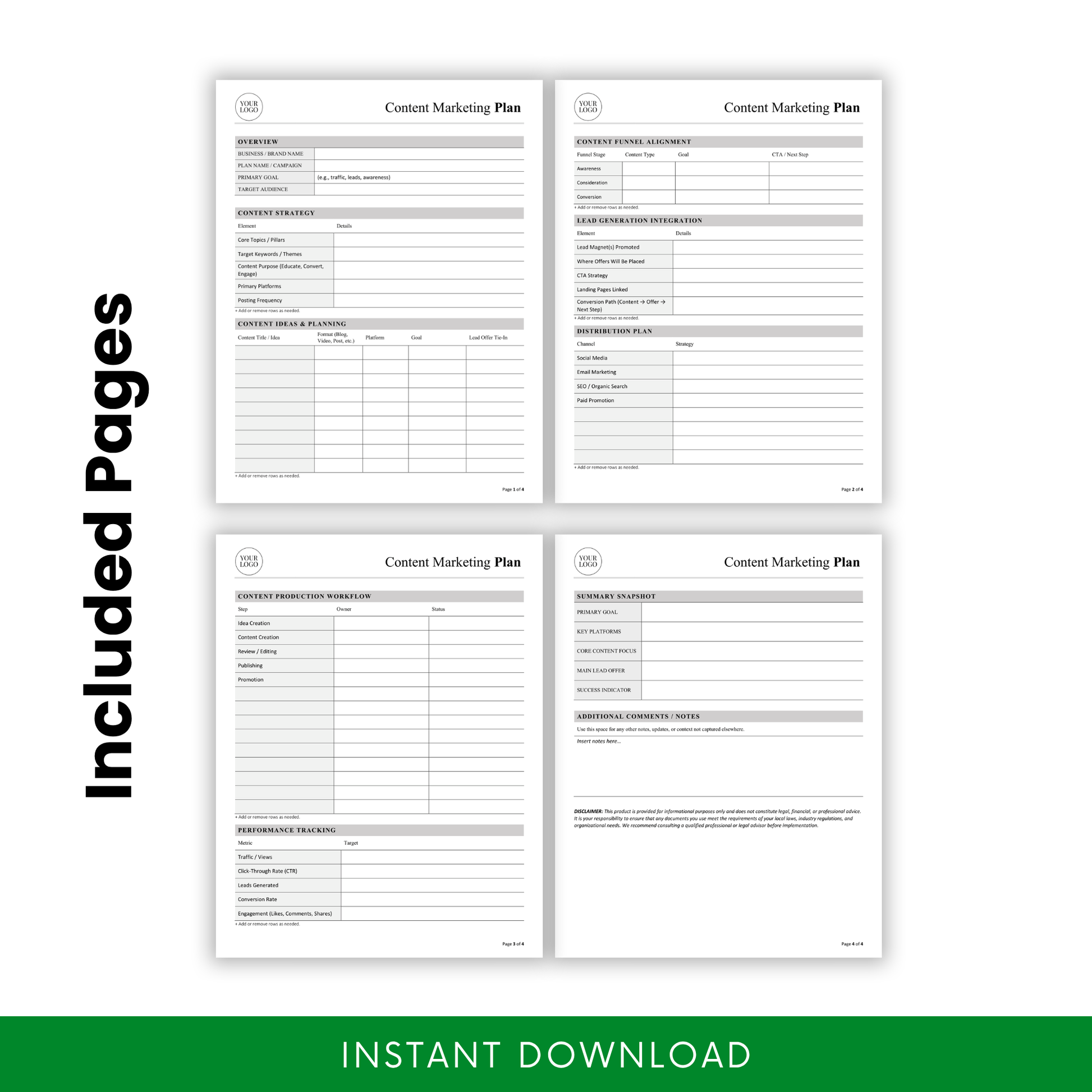 Editable Content Marketing Plan Template Word preview showing all included pages such as overview, funnel alignment, workflow, and performance tracking. This printable Content Marketing Plan Template PDF helps small businesses and content creators manage their marketing workflow in one place.