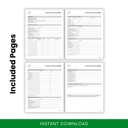 Editable Content Marketing Plan Template Word preview showing all included pages such as overview, funnel alignment, workflow, and performance tracking. This printable Content Marketing Plan Template PDF helps small businesses and content creators manage their marketing workflow in one place.