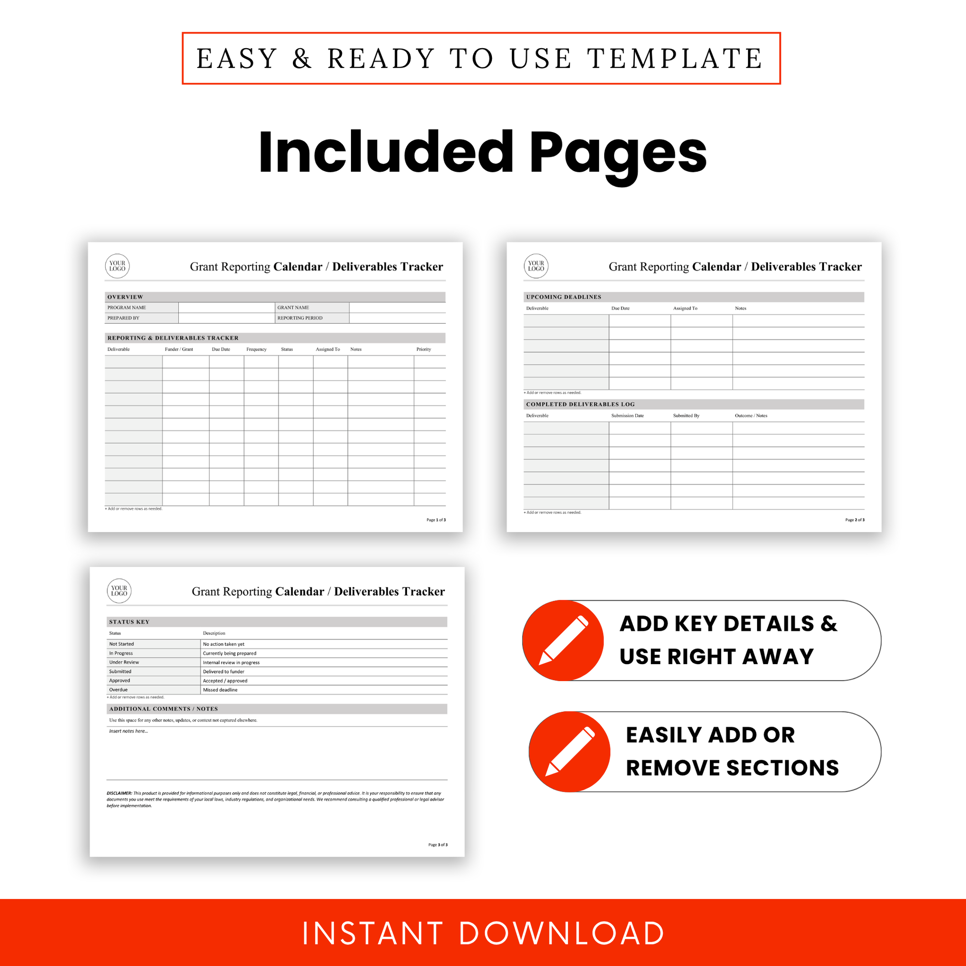Grant Reporting Calendar & Deliverables Tracker Template preview showing all included pages such as reporting tracker, upcoming deadlines, and completed log. This editable Grant Reporting Template Word and PDF is perfect for nonprofit teams needing a structured, printable system to manage grant deliverables.