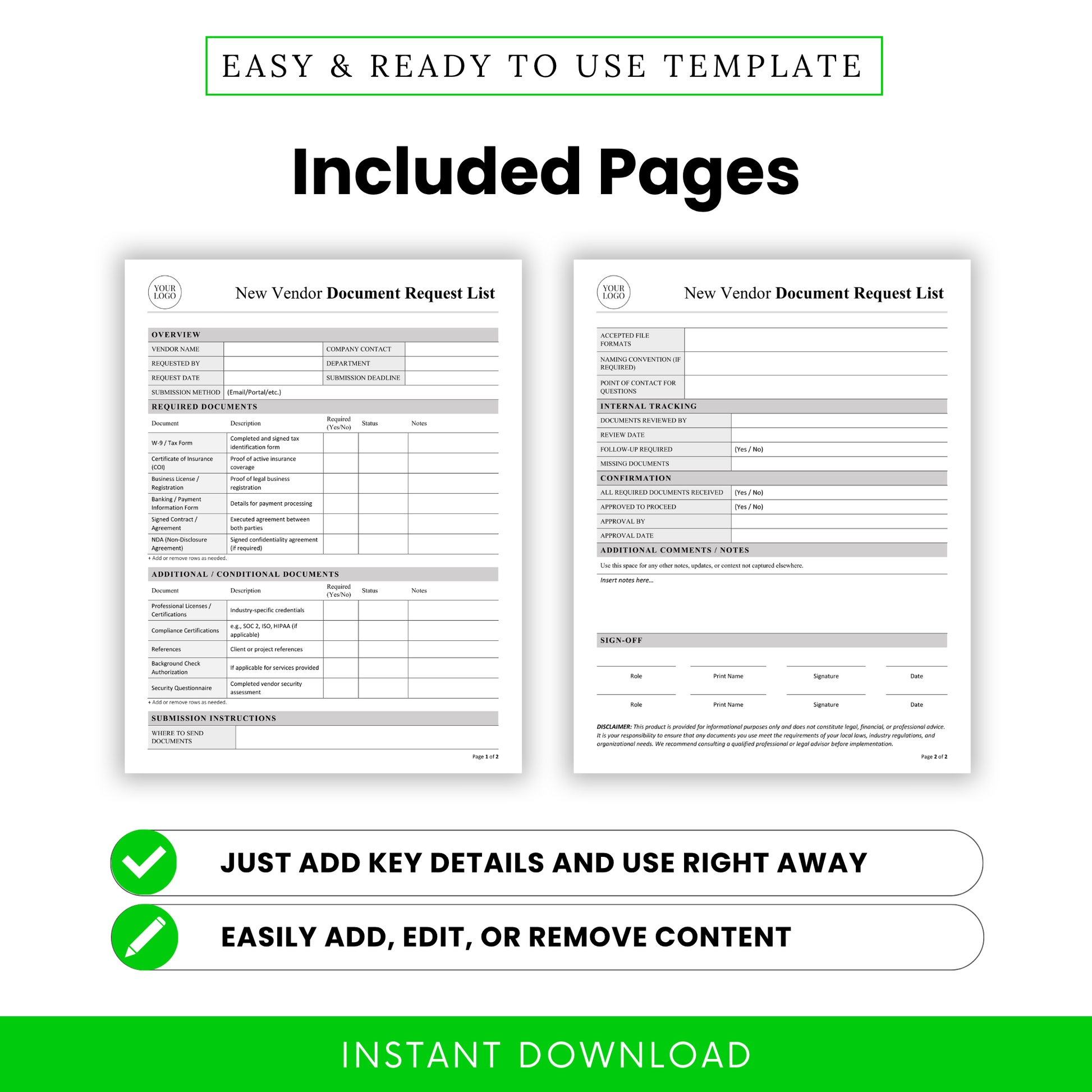 Editable Vendor Document Request List Template showing both included pages with organized sections for required documents, tracking, and approvals. This printable business template helps teams manage vendor paperwork efficiently and keep records structured.