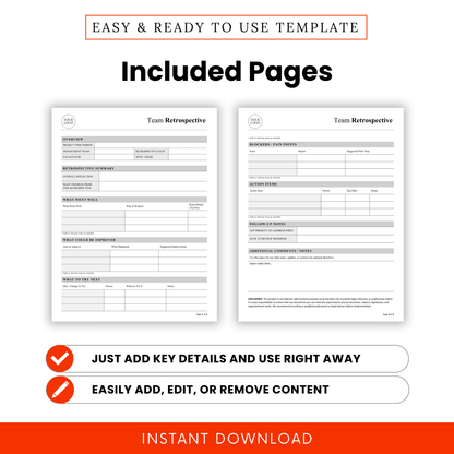 Team Retrospective Template Pages Preview Showing Overview, Summary, What Went Well, Improvements, Action Items, Blockers And Notes, Printable Business Productivity Worksheet