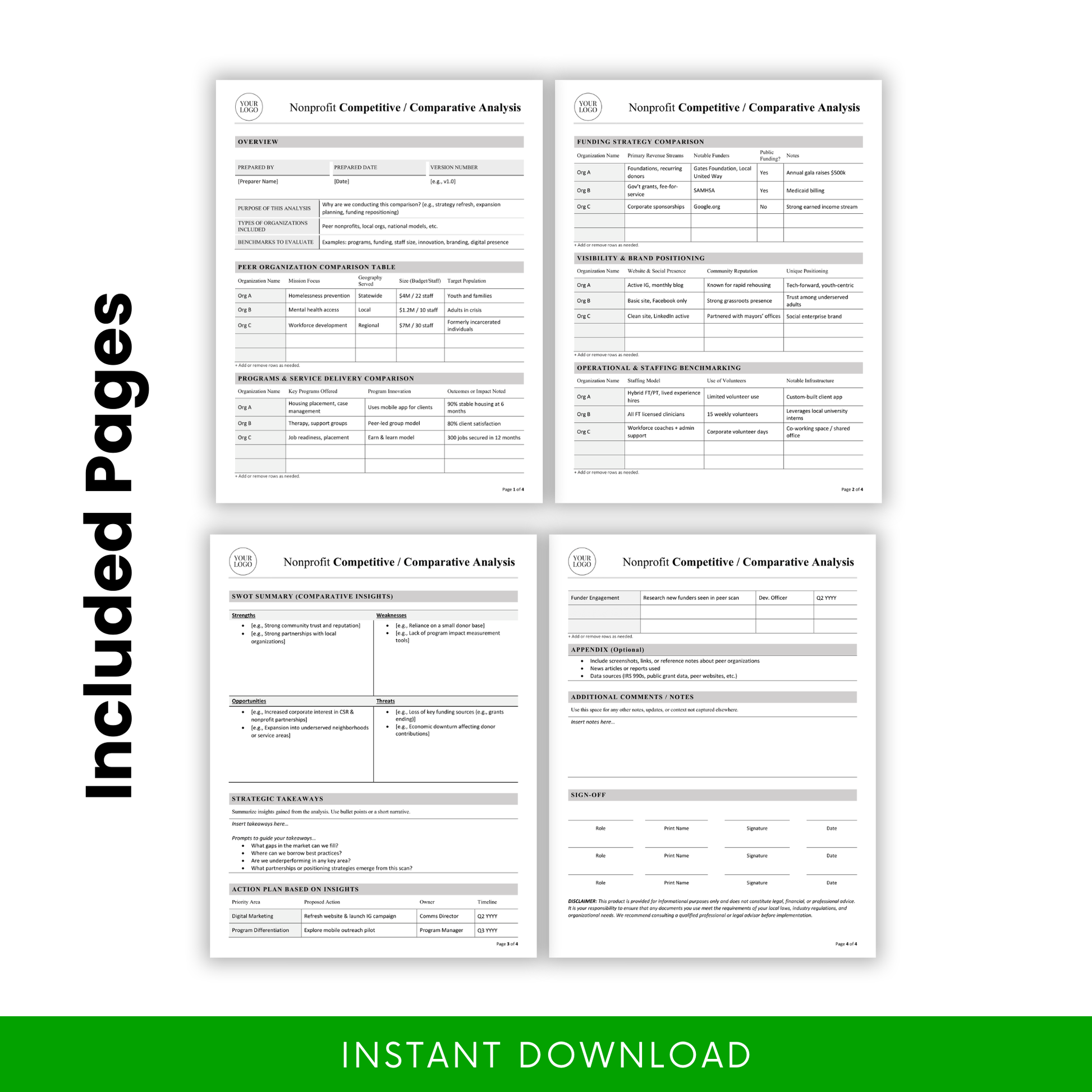 Nonprofit competitive analysis template pages preview showing comparison tables, SWOT analysis, funding strategy, operational benchmarking, and action plan layout