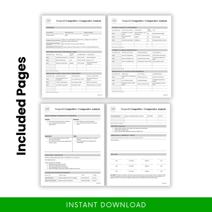Nonprofit competitive analysis template pages preview showing comparison tables, SWOT analysis, funding strategy, operational benchmarking, and action plan layout