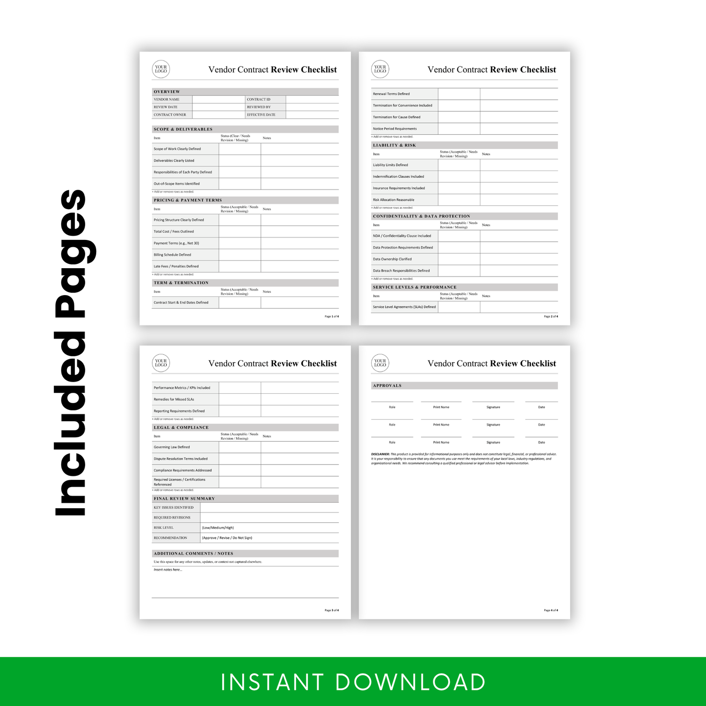 Vendor Contract Review Checklist Template PDF preview showing all included pages in a clean, minimalist layout. This printable contract review checklist template is perfect for professionals needing a structured, multi-page business document for vendor evaluation and risk assessment.