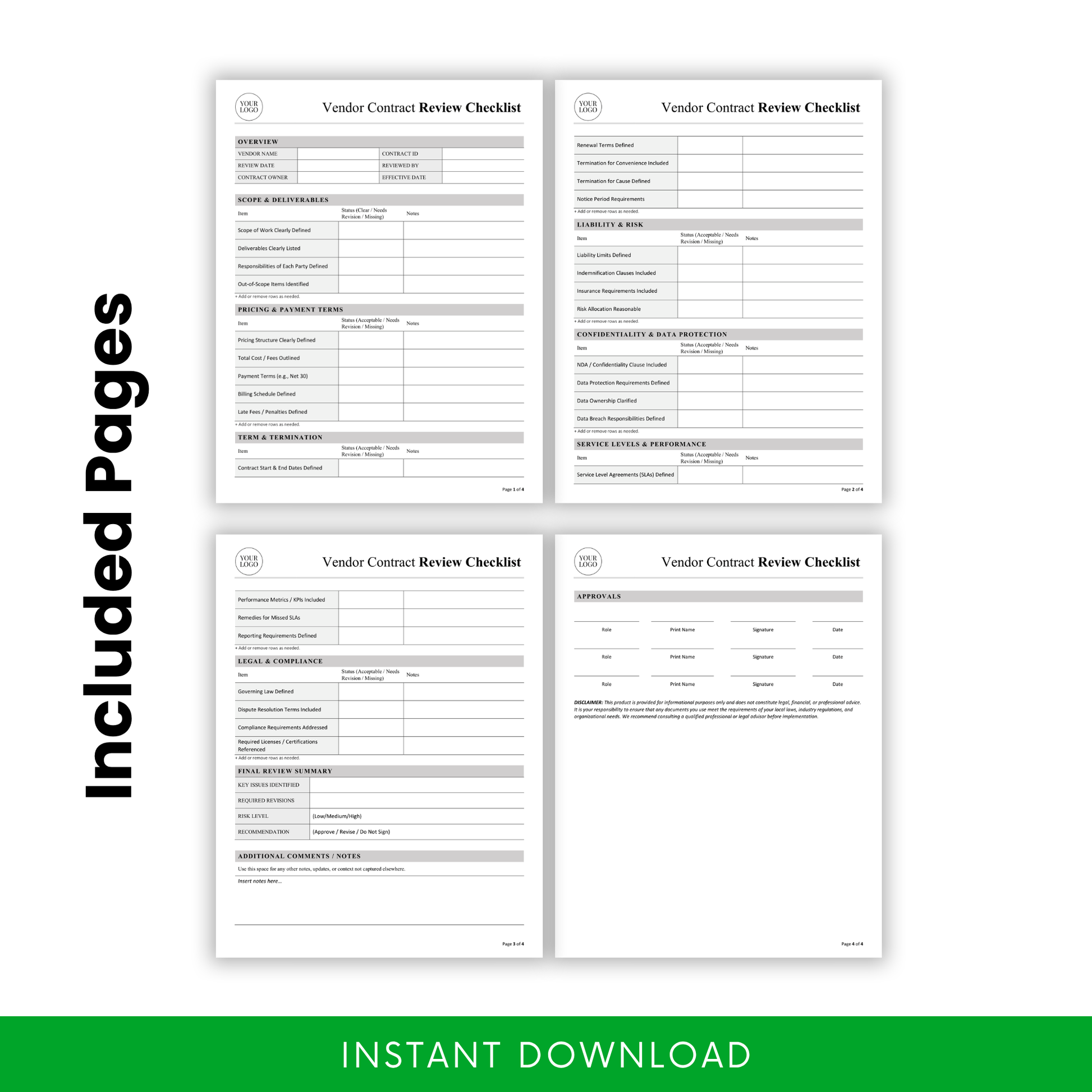 Vendor Contract Review Checklist Template PDF preview showing all included pages in a clean, minimalist layout. This printable contract review checklist template is perfect for professionals needing a structured, multi-page business document for vendor evaluation and risk assessment.