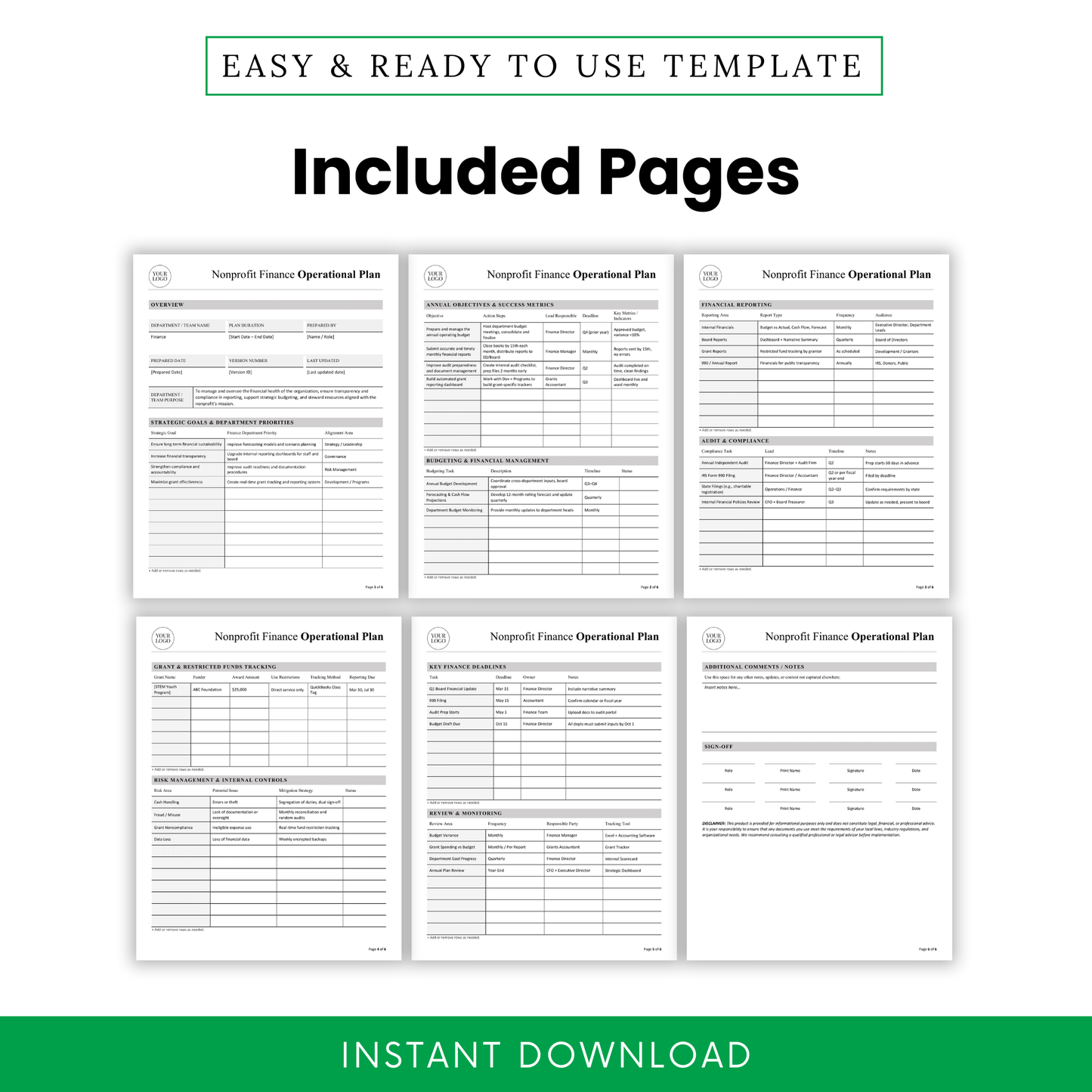 Nonprofit finance operational plan template pages preview including overview, financial reporting, audit compliance, budgeting, grant tracking, and monitoring sections