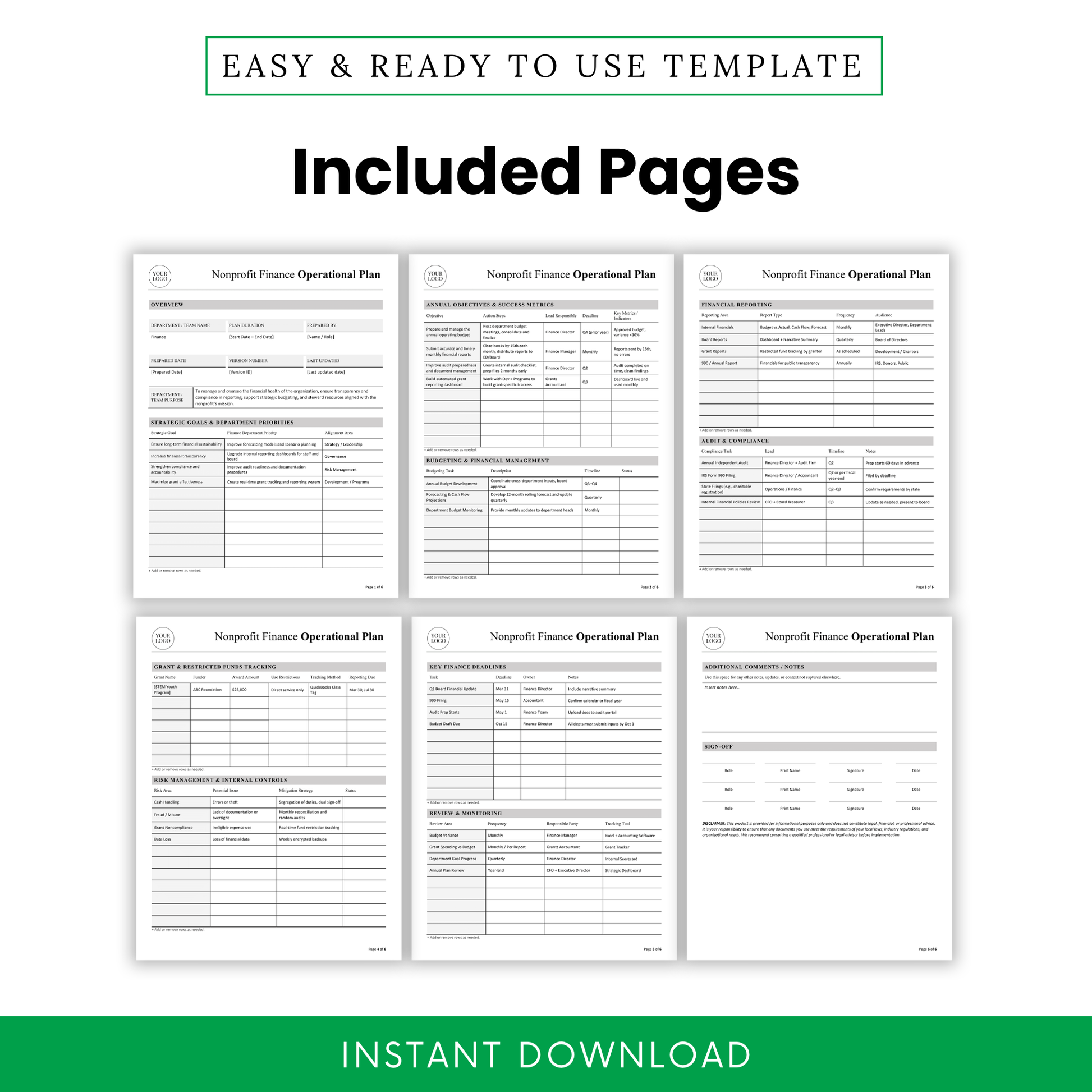 Nonprofit finance operational plan template pages preview including overview, financial reporting, audit compliance, budgeting, grant tracking, and monitoring sections