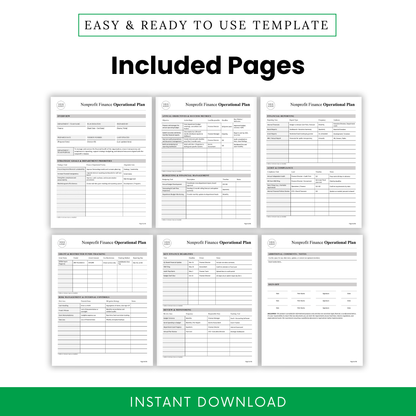 Nonprofit finance operational plan template pages preview including overview, financial reporting, audit compliance, budgeting, grant tracking, and monitoring sections