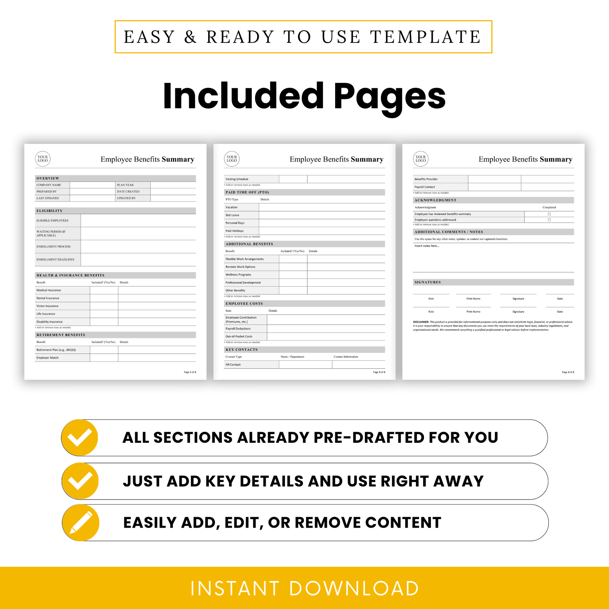 Employee benefits summary template pages preview displaying three-page HR document including benefits overview, PTO section, employee costs, and acknowledgment page in clean professional layout