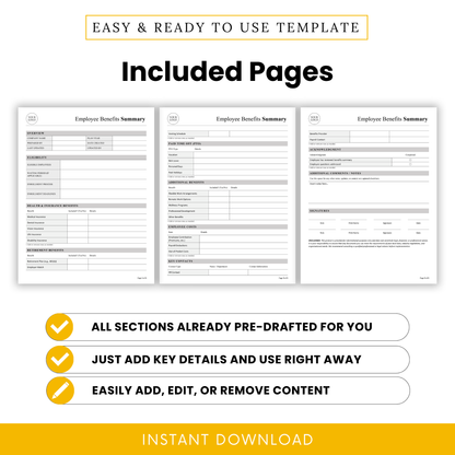 Employee benefits summary template pages preview displaying three-page HR document including benefits overview, PTO section, employee costs, and acknowledgment page in clean professional layout