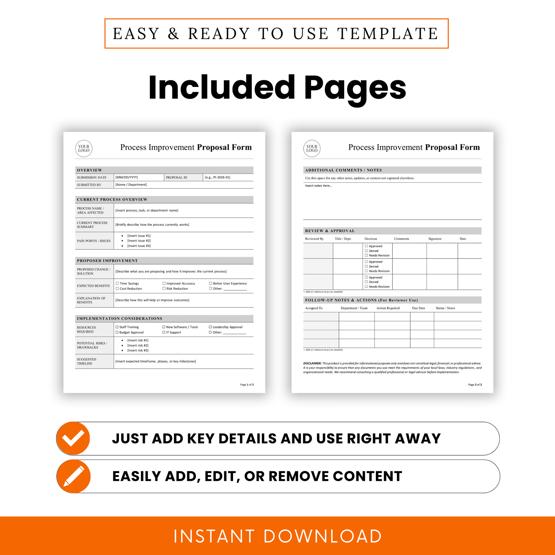 Process improvement proposal template two-page layout preview with sections for overview, process analysis, proposed solutions, approval workflow, and follow-up tracking
