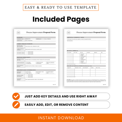 Process improvement proposal template two-page layout preview with sections for overview, process analysis, proposed solutions, approval workflow, and follow-up tracking