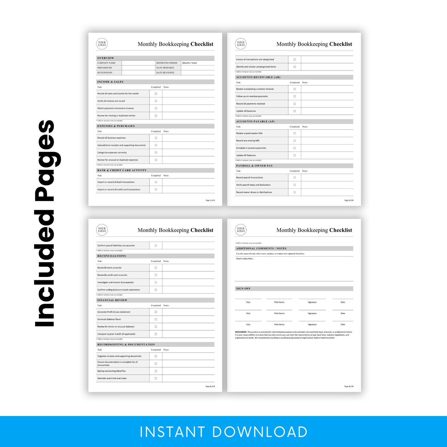 Preview of all included pages in monthly bookkeeping checklist template showing 4-page layout with sections for income, expenses, reconciliations, financial review, and documentation tracking