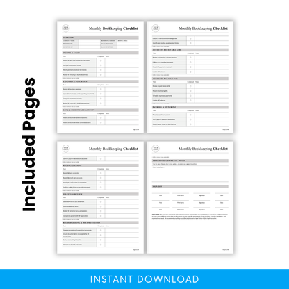 Preview of all included pages in monthly bookkeeping checklist template showing 4-page layout with sections for income, expenses, reconciliations, financial review, and documentation tracking