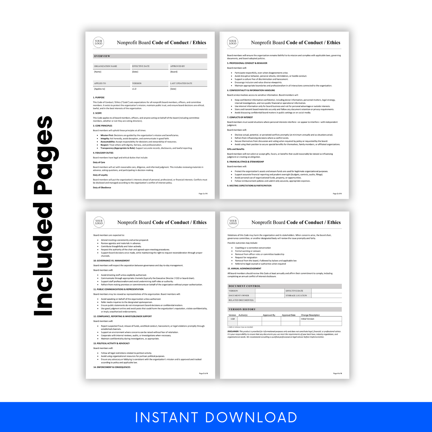Four pages of a document titled 'NurseCode Board Code of Conduct Ethics' on a white background.