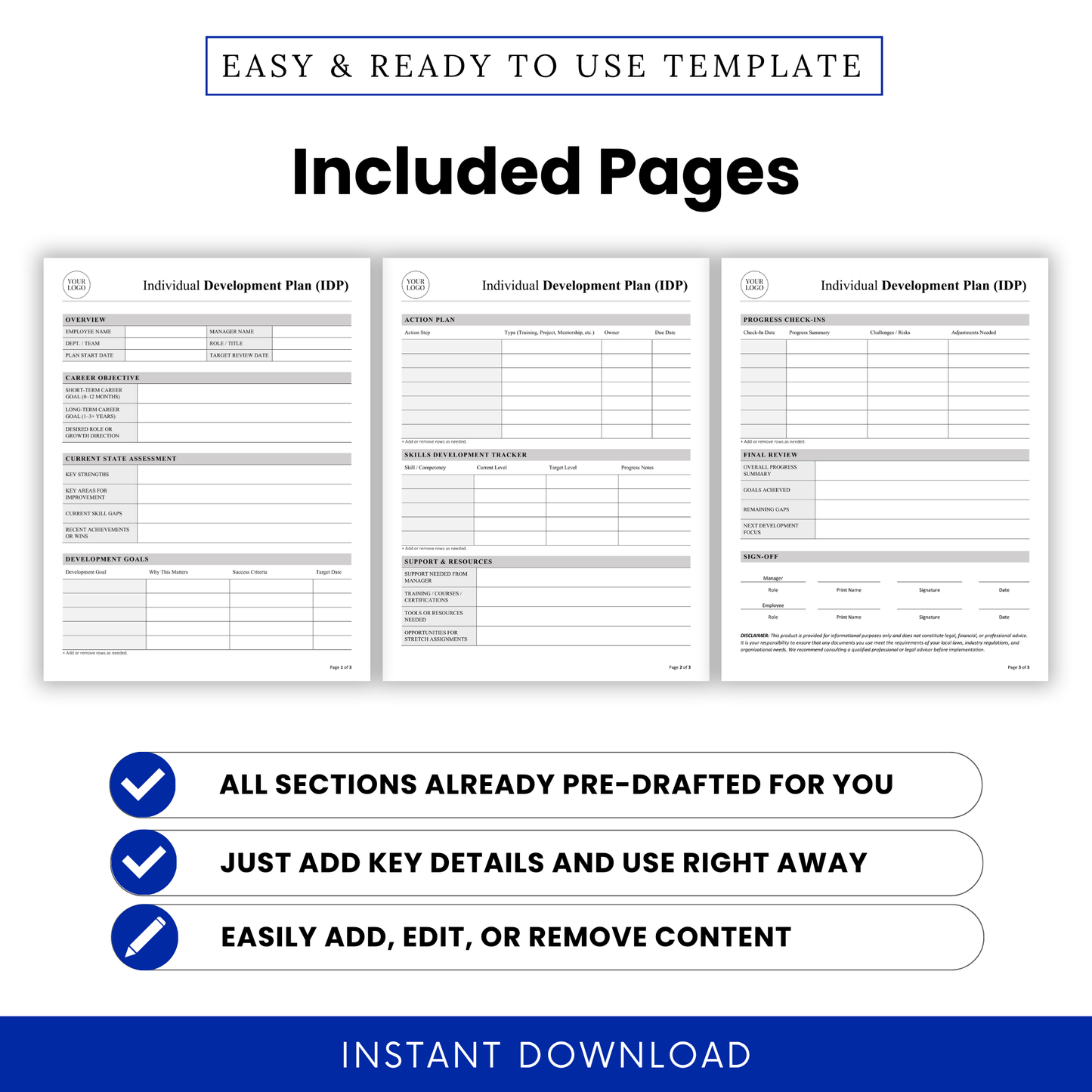 Multi-page Individual Development Plan template preview showcasing organized sections, employee growth planning sheets, and structured HR performance review document layout