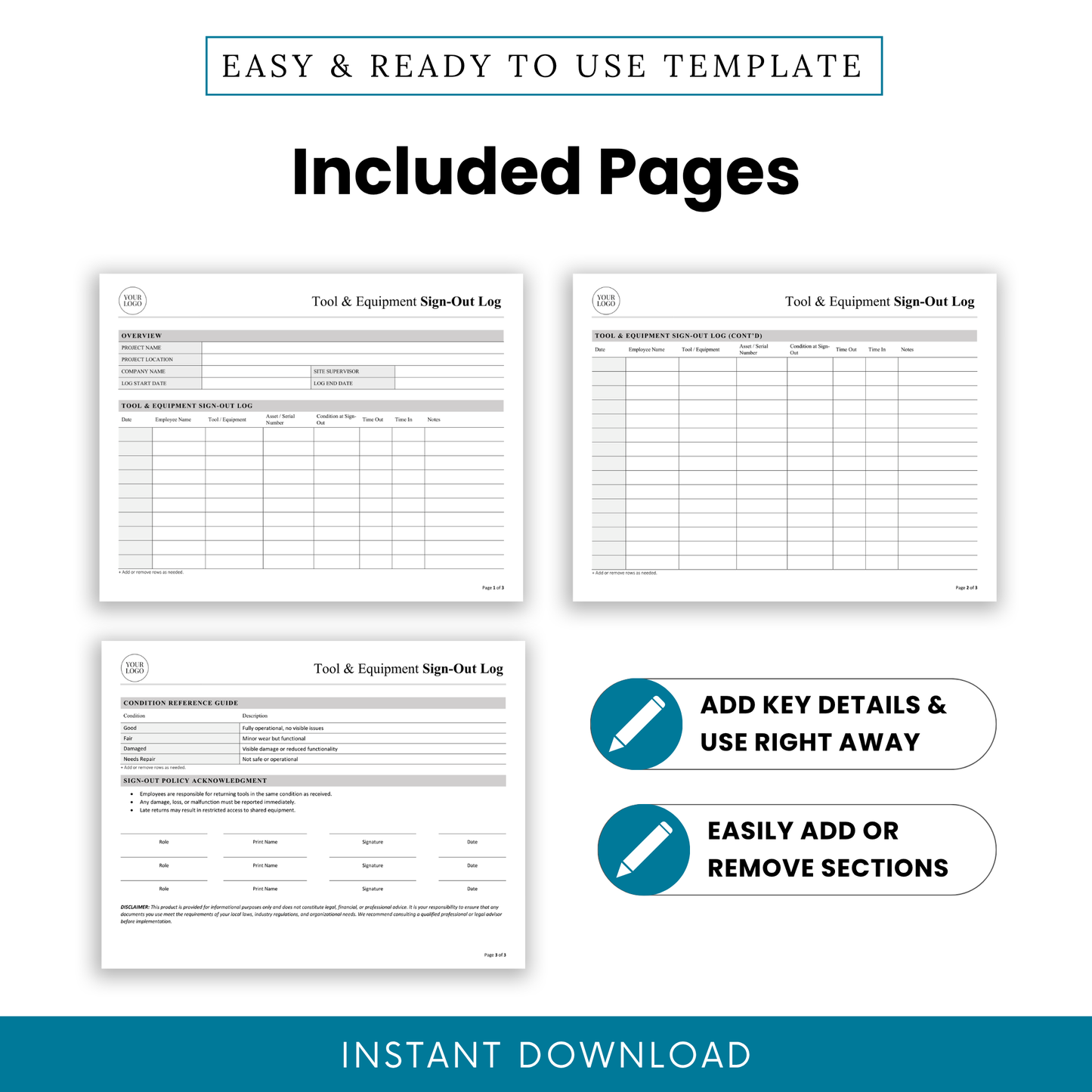 Tool and Equipment Sign-Out Log Template with overview page, tracking sheets, condition guide, and policy acknowledgment sections.