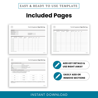Tool and Equipment Sign-Out Log Template with overview page, tracking sheets, condition guide, and policy acknowledgment sections.
