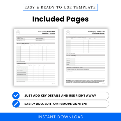 Bookkeeping month-end template pages preview, financial close checklist, deadline tracker, accounting workflow document, printable bookkeeping planner for small business finance
