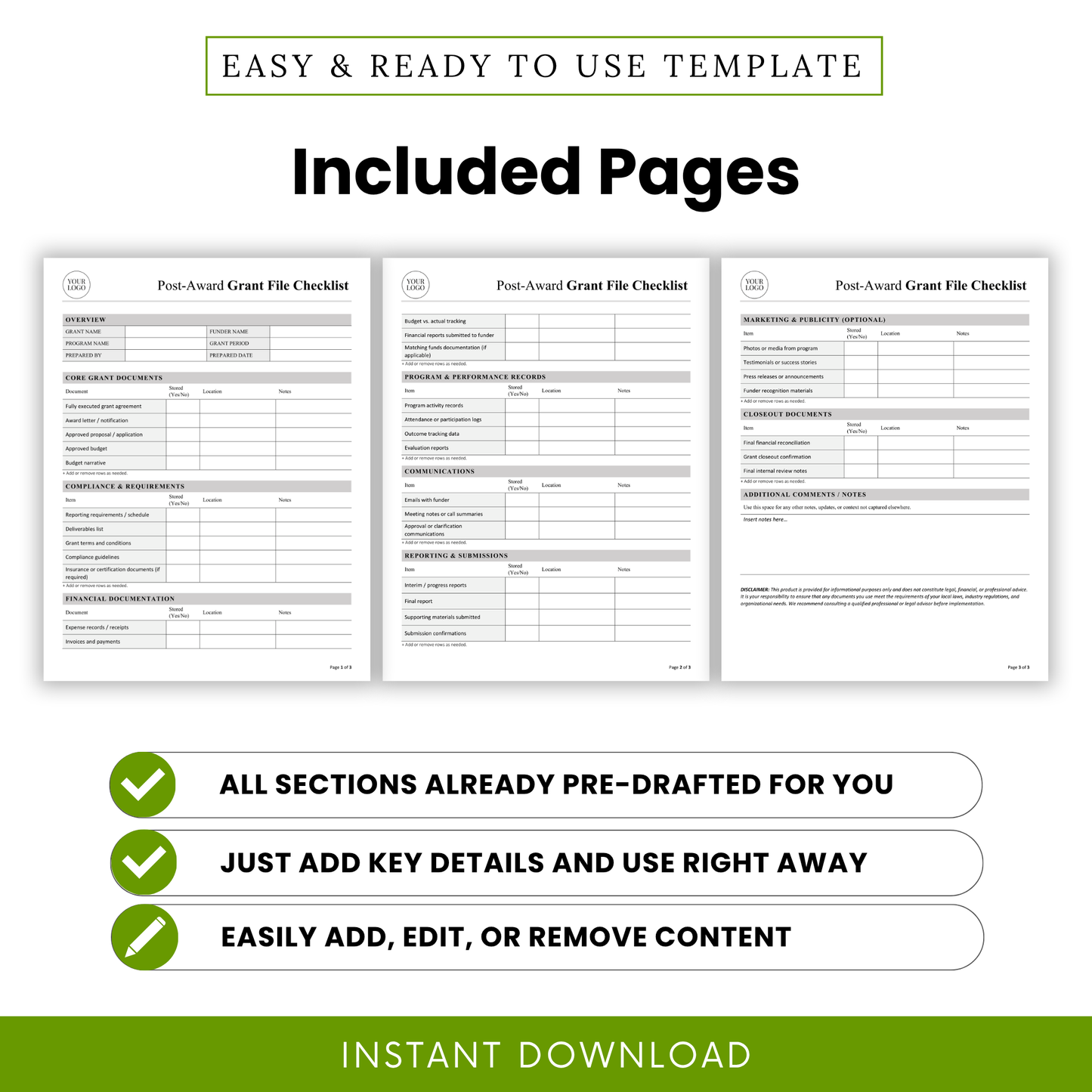 Editable Post-Award Grant File Checklist Template showcasing all included pages in both Word and PDF formats. This printable grant management template helps small businesses, nonprofits, and teams centralize documentation and maintain organized grant records across multiple pages.