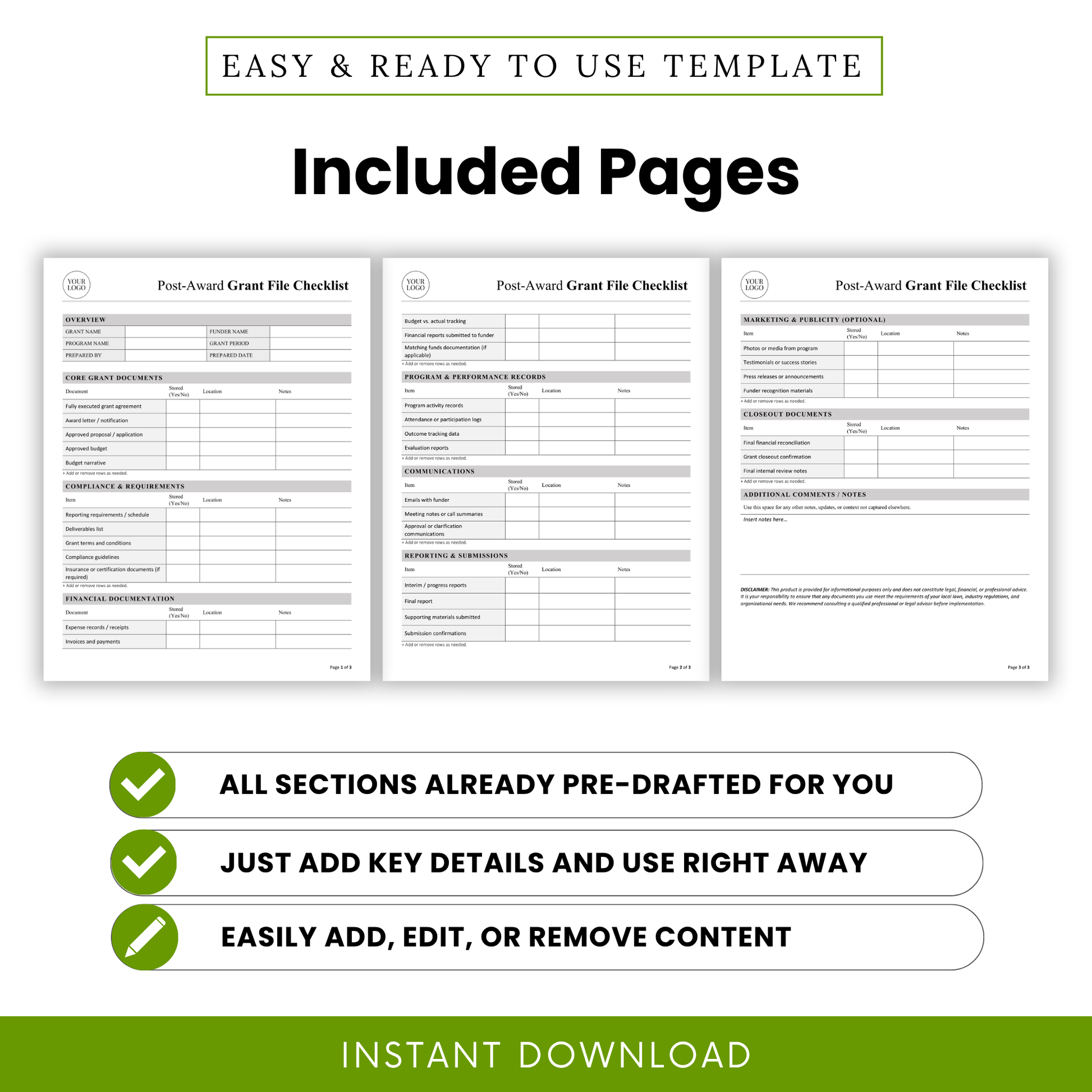 Editable Post-Award Grant File Checklist Template showcasing all included pages in both Word and PDF formats. This printable grant management template helps small businesses, nonprofits, and teams centralize documentation and maintain organized grant records across multiple pages.