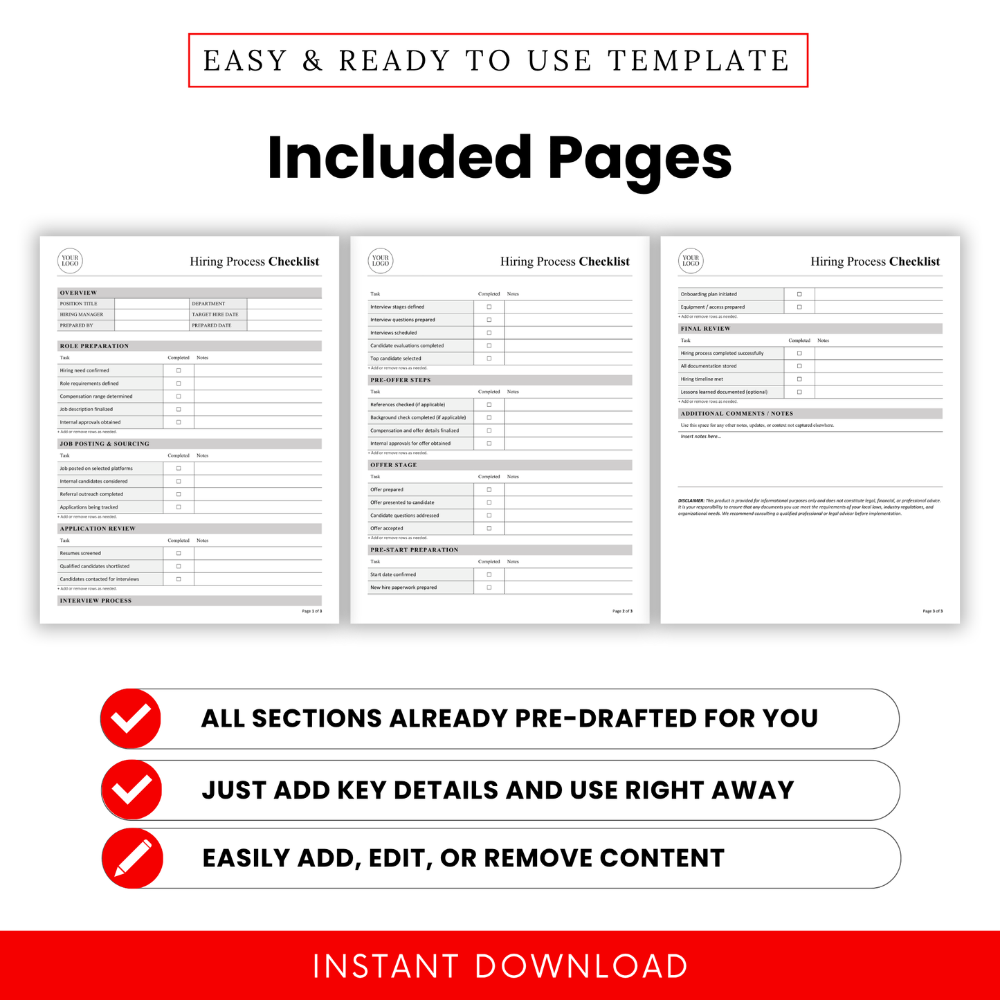 Preview of hiring process checklist pages including role preparation, job posting, application review, interview process, and onboarding sections in a clean, professional layout