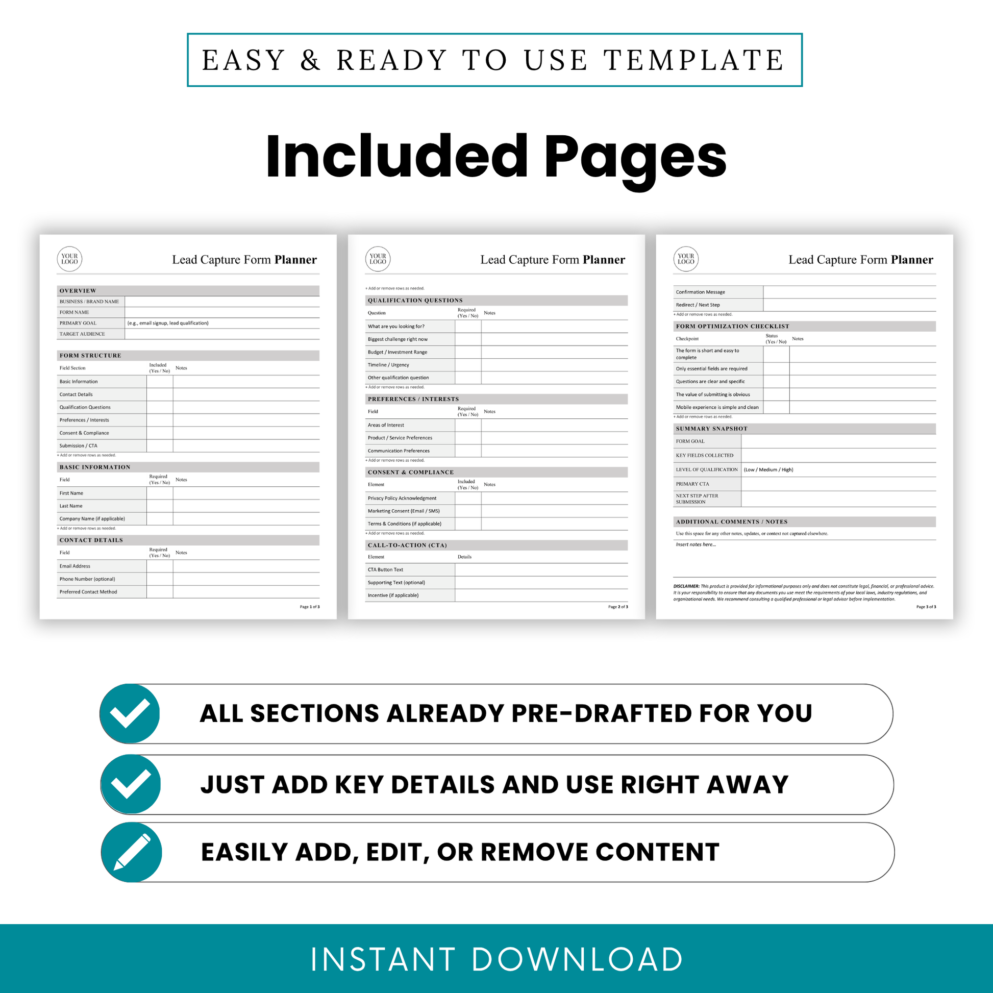 Lead Capture Form Planner Template PDF preview displaying all included pages in a clean, professional layout. This printable and editable business template is perfect for organizing lead capture strategies, onboarding forms, and customer data collection.