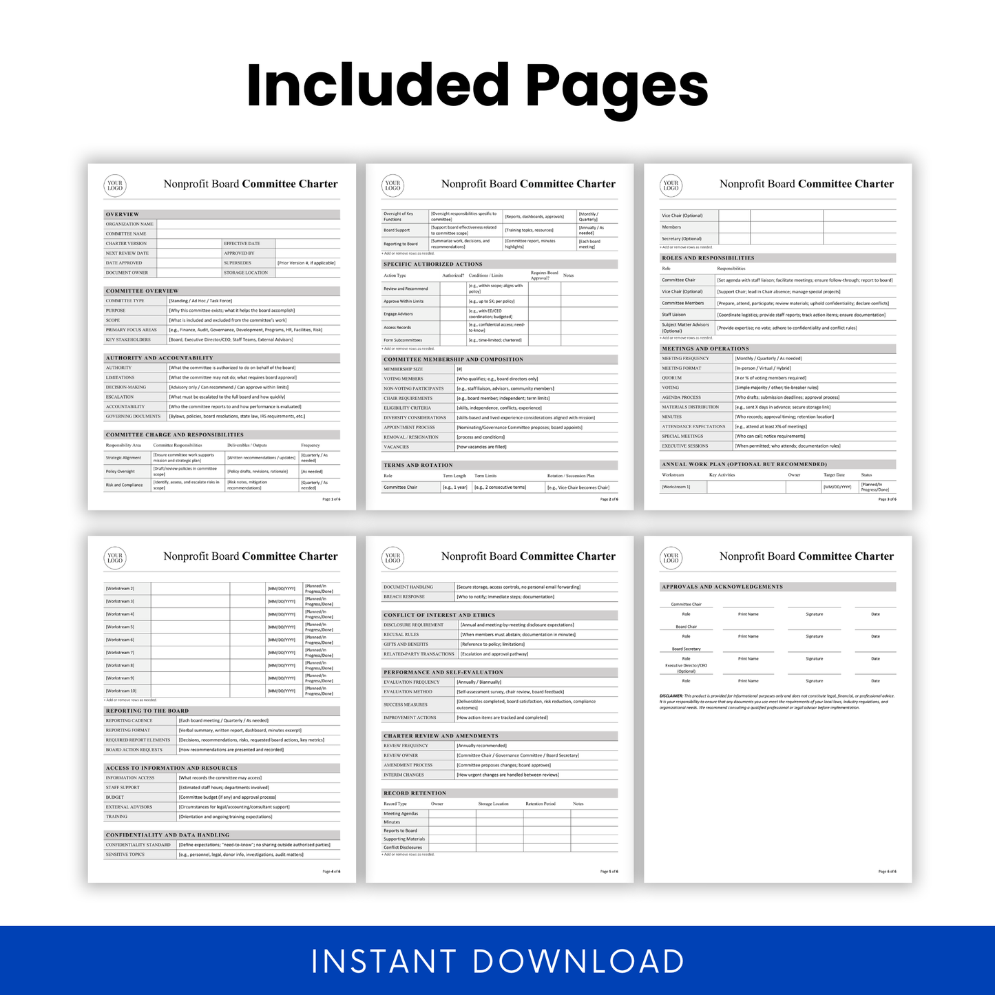 Preview of multi-page nonprofit board committee charter template including governance sections, responsibilities, reporting, compliance, and organizational structure
