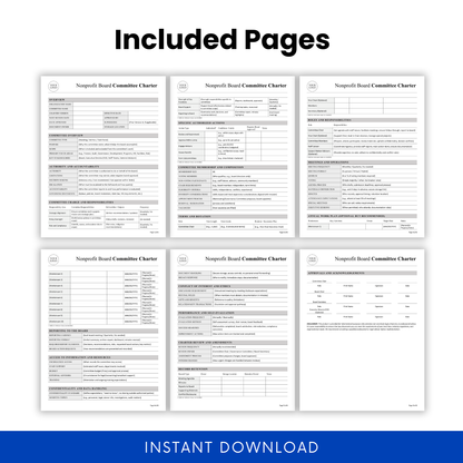 Preview of multi-page nonprofit board committee charter template including governance sections, responsibilities, reporting, compliance, and organizational structure