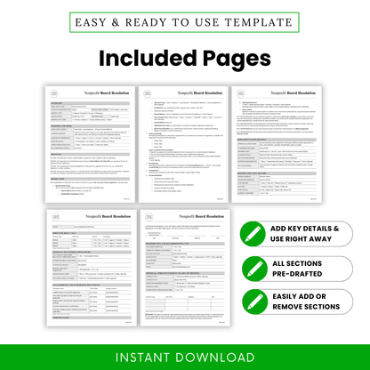 Nonprofit board resolution template multi-page preview with structured sections, governance forms, meeting records, and approval documentation for organizations
