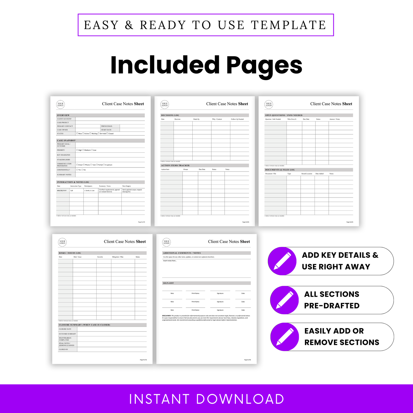 Multi-page client case notes template showing overview, decisions log, action items tracker, documents log, risks issues log, and additional notes pages