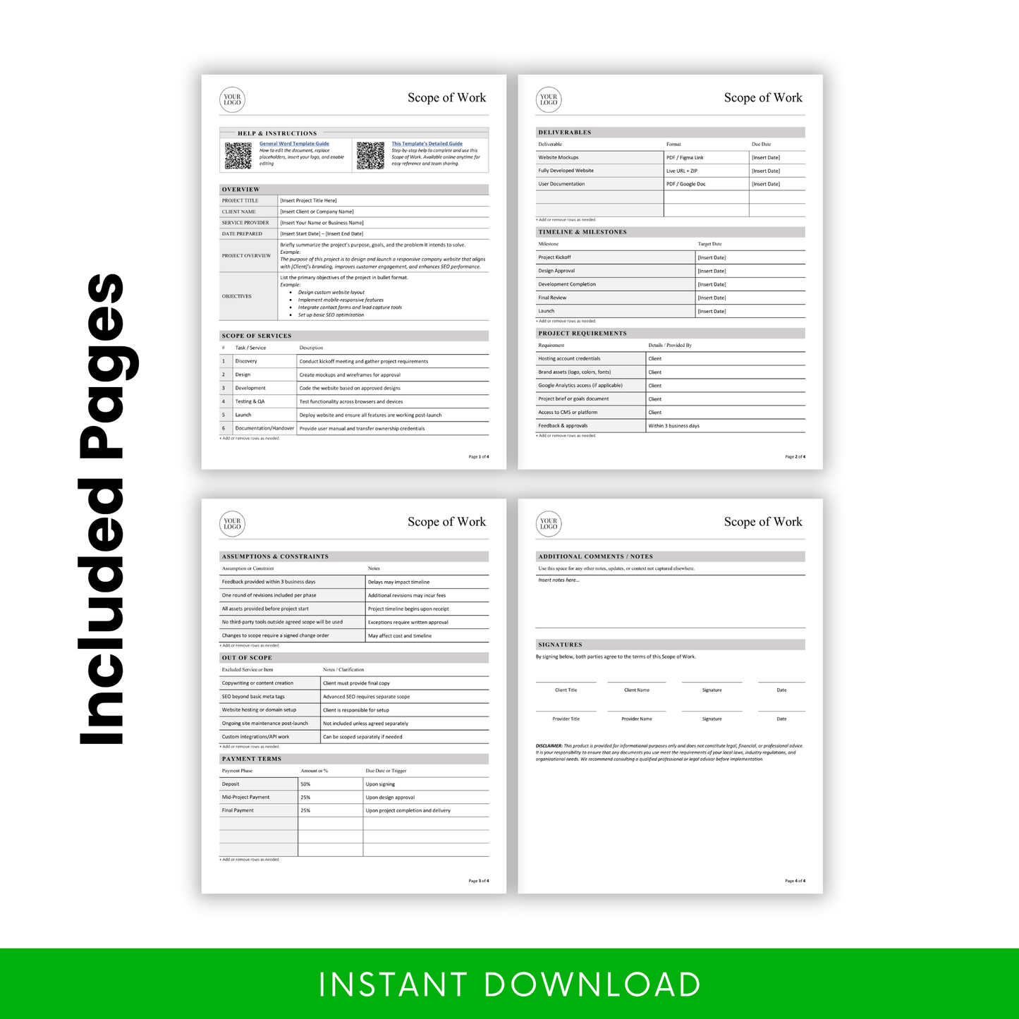 Multi-page scope of work document template including sections for deliverables, milestones, project requirements, and payment terms