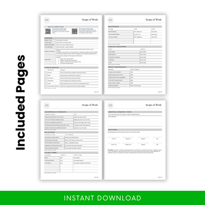 Multi-page scope of work document template including sections for deliverables, milestones, project requirements, and payment terms