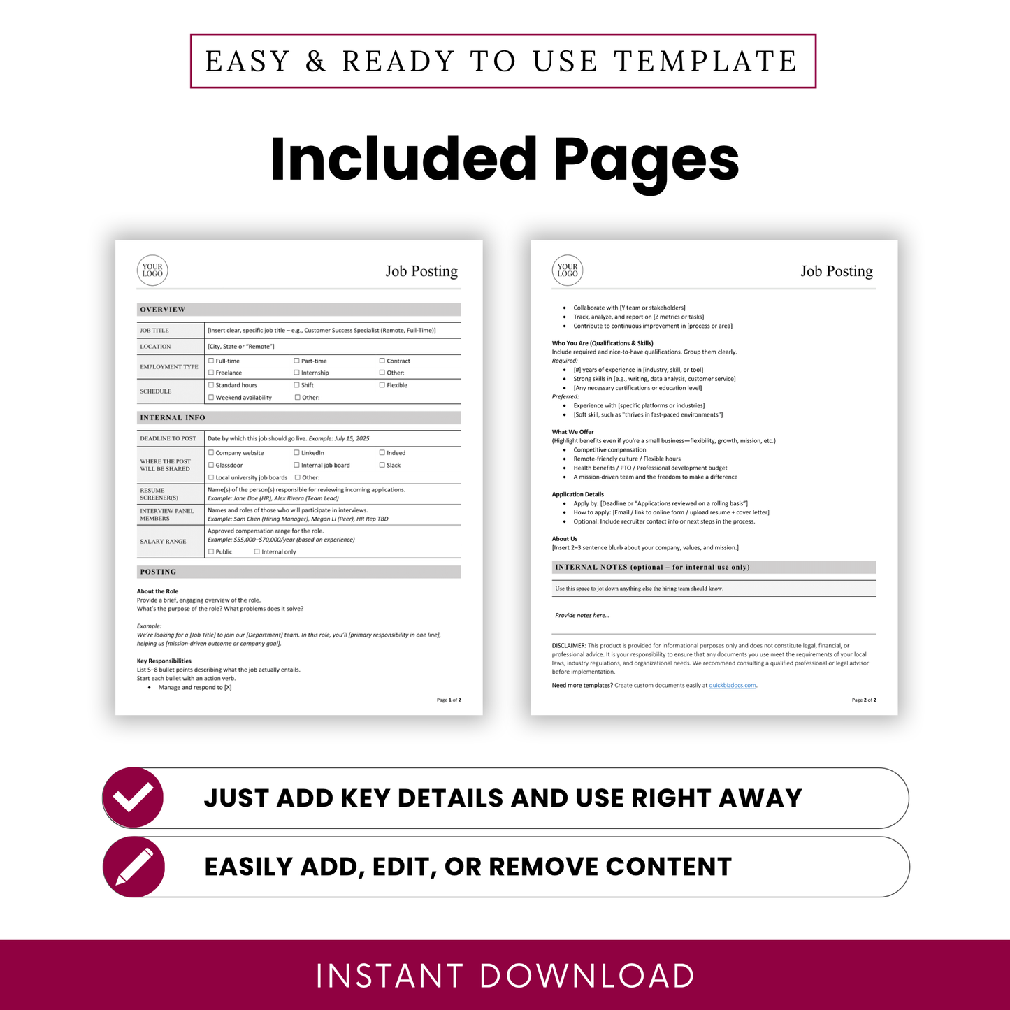 Job posting template included pages preview displaying two-page editable HR document with overview, responsibilities, qualifications, and application details in clean professional layout