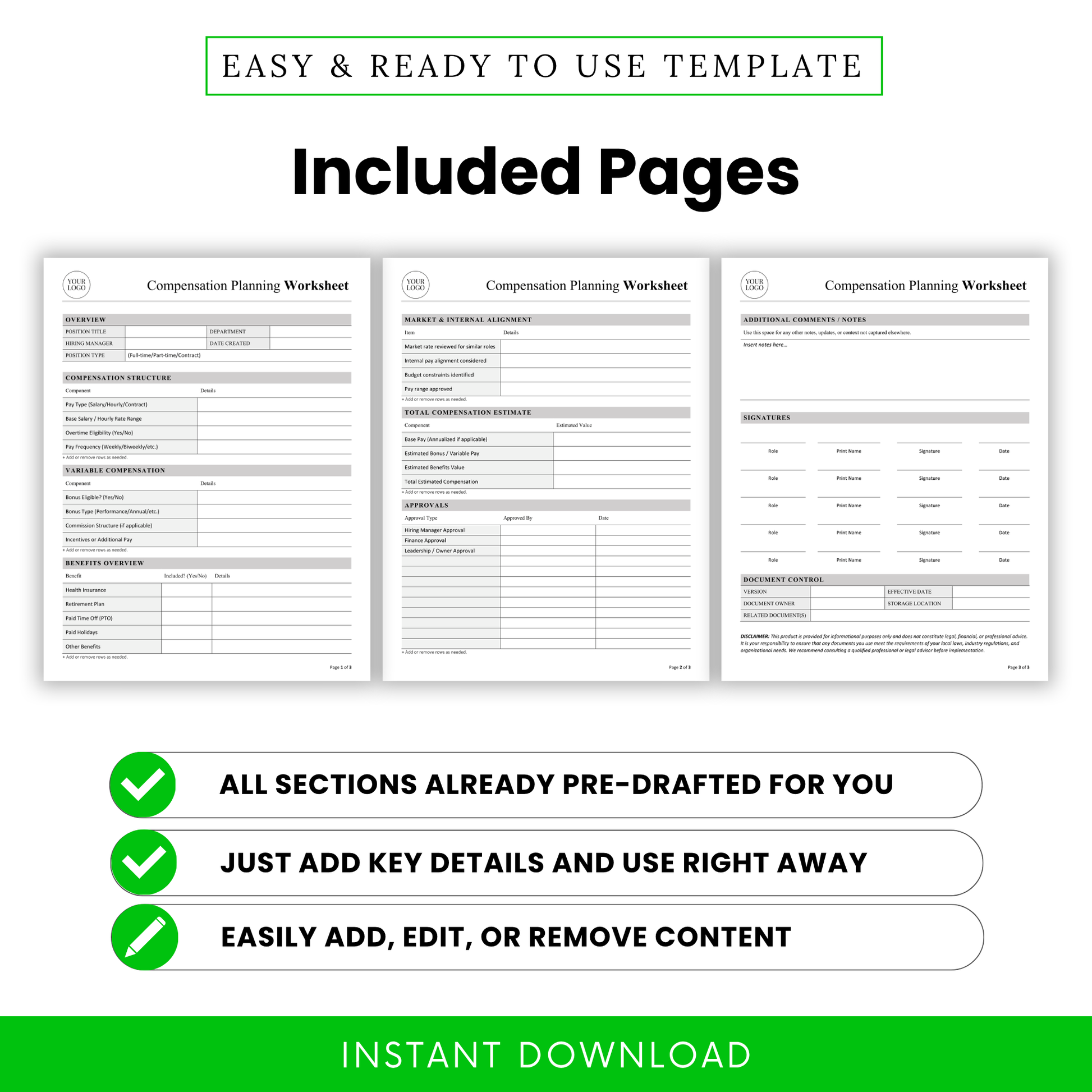 Compensation planning worksheet pages preview showing overview, compensation structure, benefits, approvals, and notes sections, professional HR document template bundle