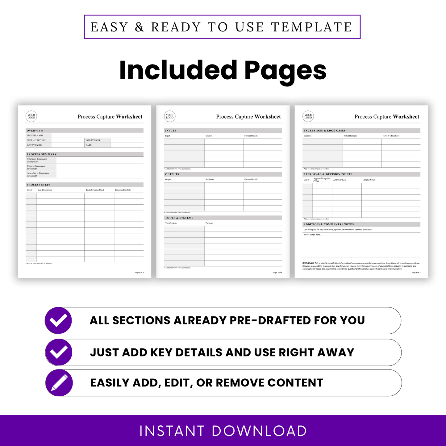 process capture worksheet pages overview, workflow documentation template pages, business process mapping sheets, SOP template layout preview