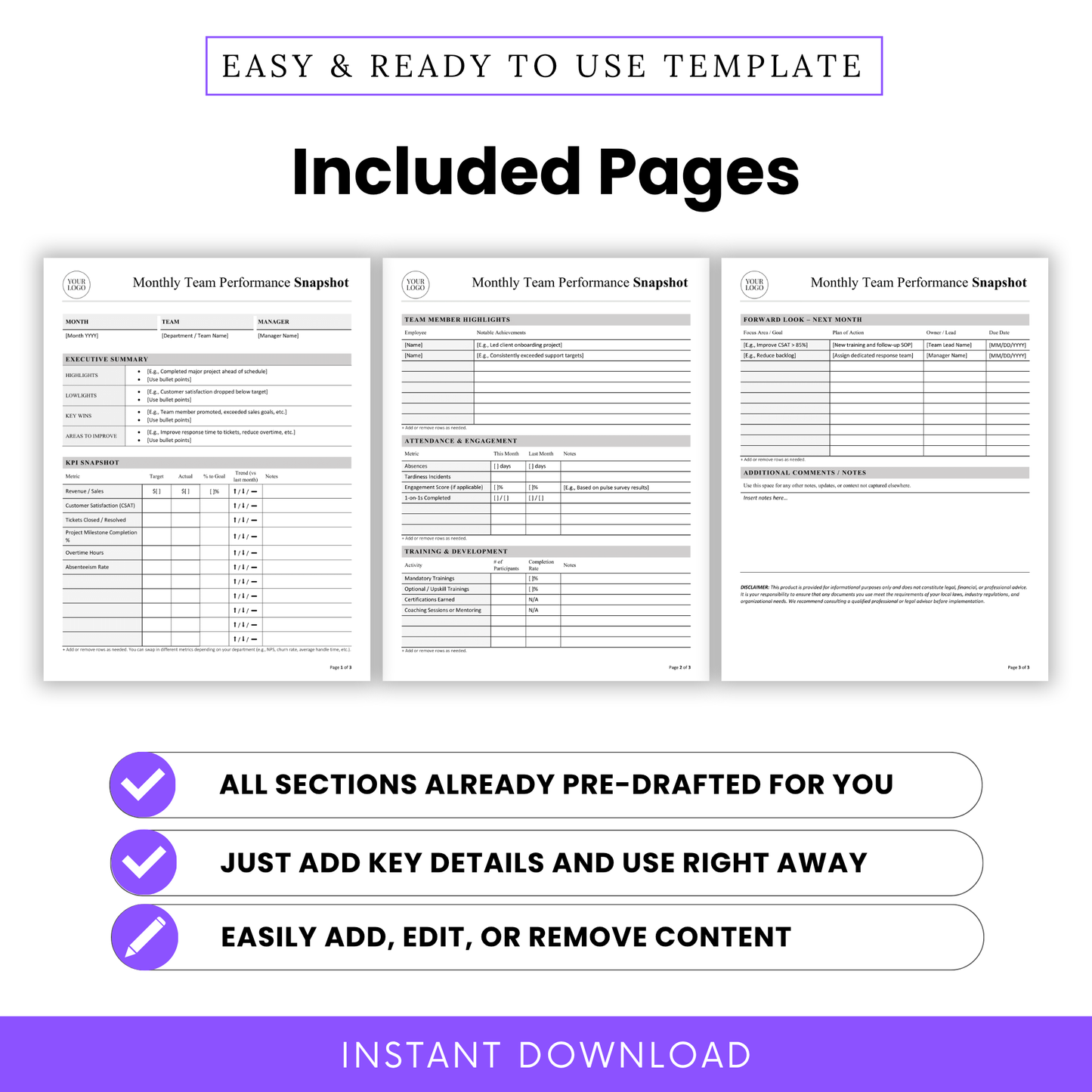 Monthly team performance report pages preview showing KPI snapshot, team highlights, attendance tracking, training development, and forward planning sections in clean layout