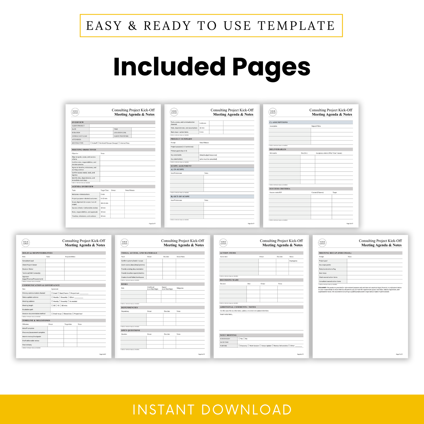 Full preview of multiple pages included in the consulting kick-off meeting template, featuring sections for scope, deliverables, risks, action items, and meeting summaries