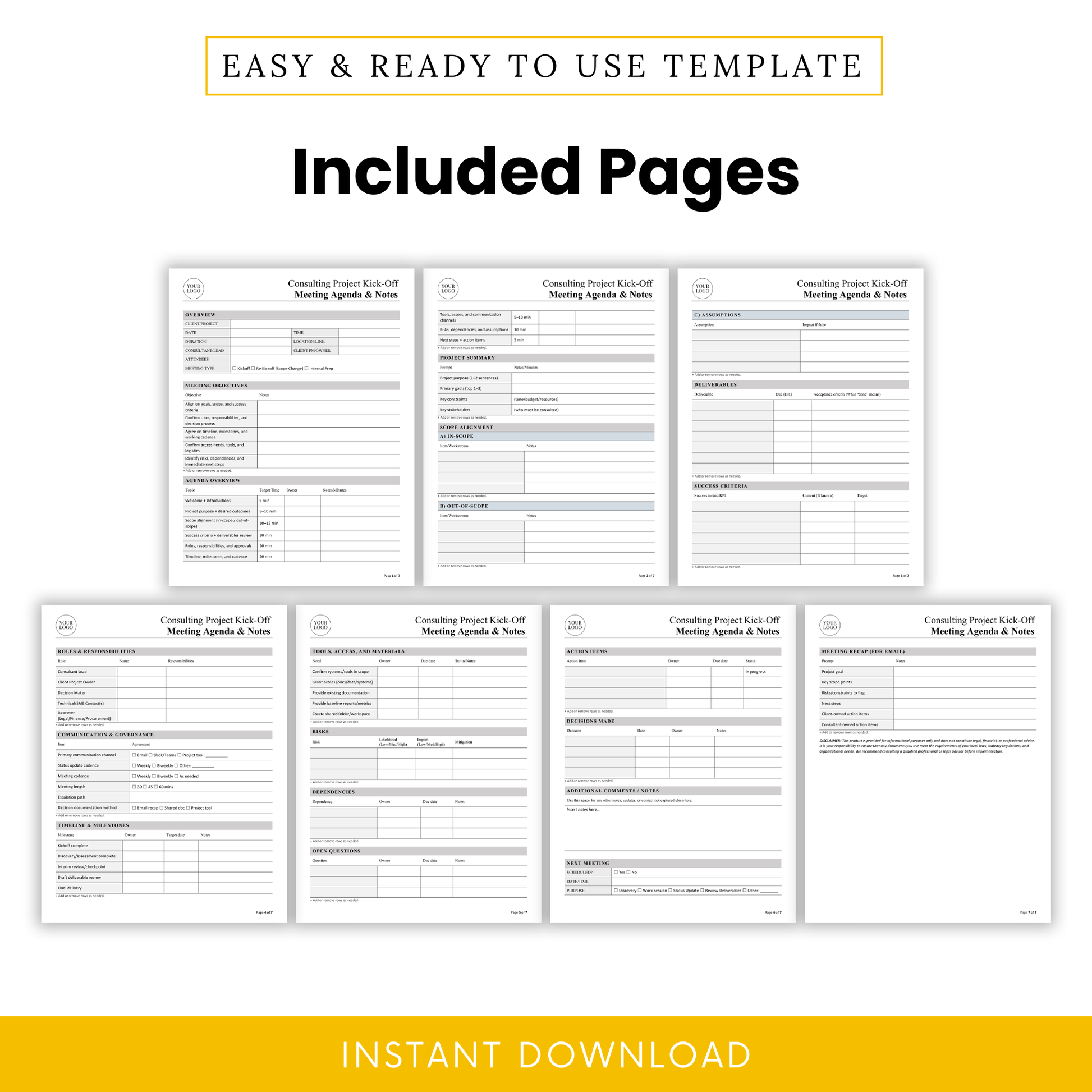 Full preview of multiple pages included in the consulting kick-off meeting template, featuring sections for scope, deliverables, risks, action items, and meeting summaries